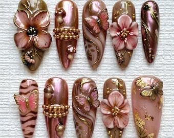 Pink Brown 3D Floral Butterfly Press On Nails - Chrome Gold Mushroom Flower Nail Art, Luxury Fairy Woodland Set, Stiletto Almond