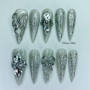 Chrome Butterfly Press On Nails: Long Stiletto 3D Nail Art
