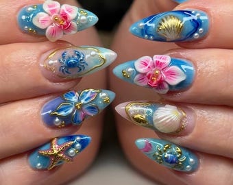 Uñas postizas de sirena oceánica, uñas de estrella de mar con conchas 3D, uñas florales tropicales de playa, uñas postizas de fantasía veraniegas hechas a mano.