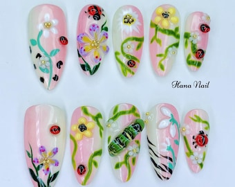 Spring Garden Press On Nails - 3D Ladybug, Flowers ,Caterpillar - Hand Painted Almond Nails - Cute Insect Nail Art Set
