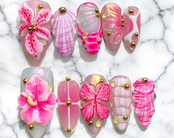 Pink, Milky White 3D Floral & Butterfly Press On Nails – Handmade Hibiscus, Orchid, Seashell Nail Art, Y2K Chrome Luxury Long False Nails