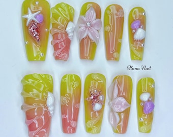 Summer Beach Press On Nails | 3D Seashell Starfish Ocean Nail Art | Yellow pink Ombre Glossy Fake Nails | Mermaid Vacation Nails Set