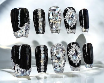 Black Luxury Rhinestone Press On Nails | Gothic Glam Crystal Nails | Handmade False Nails