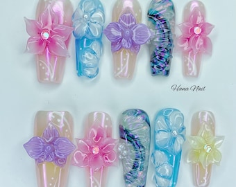 Uñas de flores 3D / Uñas de gel pastel / Uñas postizas coquetas / Set de uñas postizas / Uñas cuadradas estéticas / Arte de uñas hecho a mano