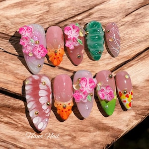 Handmade 3D Orchid Press On Nails, Luxury Tropical Floral Nails, Glossy Pink , Green Nails, Summer  Nail Set, Custom Botanical Gel Nails