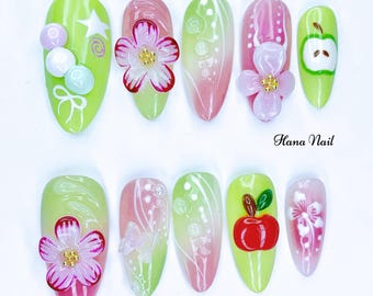 Frühling Pastell Apfel & Blume Presse auf den Nägeln - Grün Rosa niedlichen koreanischen Stil Nail Art Set