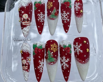 Colorful Lights Glow-In-The-Dark Christmas Long Stiletto Press On Nail - Luxurious XMas and Holiday Nail Art
