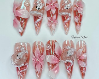 3D Snake and Lily Press On Nails | Pink Sakura & Pearl Nail Art | Long Stiletto Nails | Handmade Floral Nail Set | Hana Nail Design