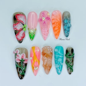 Presse-fleurs 3D de l&#39;an 2000 sur les ongles | Nail Art en gel papillon | Ongles printaniers colorés faits main | Faux ongles longs stiletto