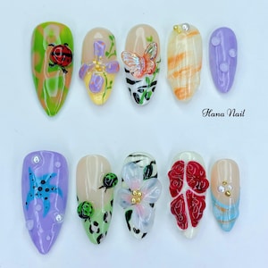 Nature-Inspired Almond Press On Nails | 3D Flowers, Butterflies, Ladybugs | Hand-Painted Garden Nail Art | Spring Cute Aesthetic