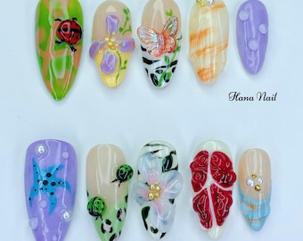 Nature-Inspired Almond Press On Nails | 3D Flowers, Butterflies, Ladybugs | Hand-Painted Garden Nail Art | Spring Cute Aesthetic