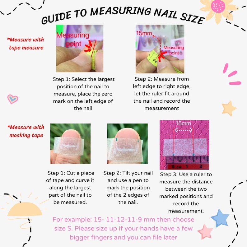 May include: A guide to measuring nail size, with step-by-step instructions using a tape measure and masking tape. The guide includes diagrams and text explaining how to measure nail width in millimeters, with an example for choosing nail sizes.