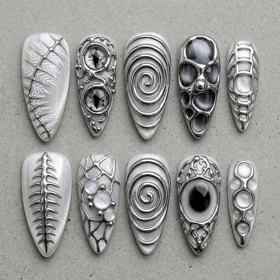 Silver Chrome 3D Gel Press On Nails, Futuristic Alien Eye Nails, Biomechanical Gothic Nail Set, Abstract Swirl Metallic Nails, Long Stiletto