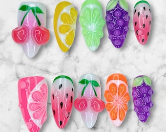 Uñas coloridas de frutas 3D para primavera: set de uñas brillantes a presión, un bonito diseño hecho a mano.