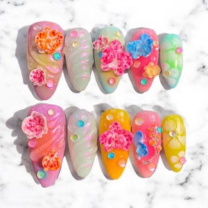 Handmade 3D Floral Gel Press On Nails - Y2K Aesthetic Orchid Nails, Colorful Summer Fake Nails, Glossy Nail Set with Gems, Trendy Tropical