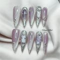 Silver Chrome Lavender Pink Stiletto Press On Nails | Luxury Fairy Ombre Glitter Nails | 3D Charm Bridal Wedding Fake Nails | Handmade Reusa product logo