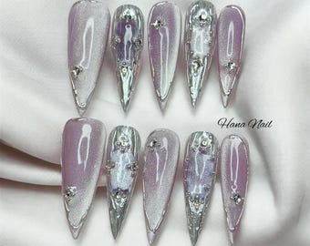 Silver Chrome Lavender Pink Stiletto Press On Nails | Luxury Fairy Ombre Glitter Nails | 3D Charm Bridal Wedding Fake Nails | Handmade Reusa