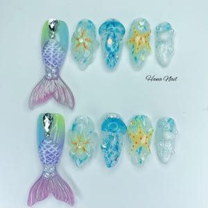 Conjunto de unhas postiças 3D com estampa de sereia e geleia de luxo – Unhas estilo oceano em formato de estrela-do-mar e água-viva