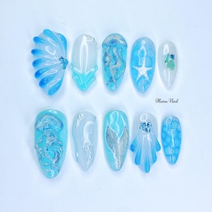 Mermaid Ocean Press On Nails – Blue Jelly Shell Nails with Starfish, Mermaid Tail & Jellyfish Design – Summer Beach Fake Nails