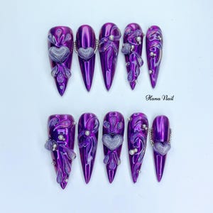 Purple Chrome Long Stiletto Press On Nails | 3D Heart Jelly Nail Art | Y2K Glitter Charms Fake Nails | Trendy Nail Set