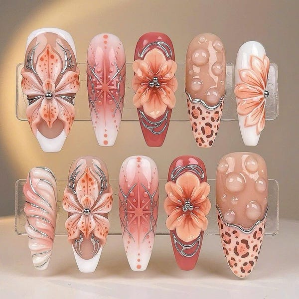 Handmade 3D Orchid Press On Nails | Pink Cyber Coquette Fake Nails | Y2K Metallic Silver Gel Nails | Trendy Floral Aura Nails | Long Coffin