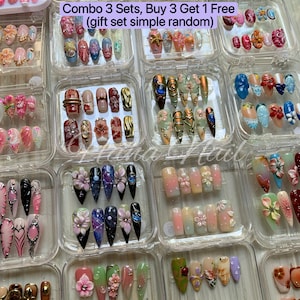 COMBO 3 Sets Press On Nails + 1 Random Free Set (Simple Gift) | Random Y2K 3D Flower & Beach Style Nails | No Shape Choice | No Design Choic
