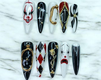 Creepy Clown Nail Art Set – Gothic Harlequin Fake Nails, Long Stiletto Press On Nails, Halloween Circus Costume Nails