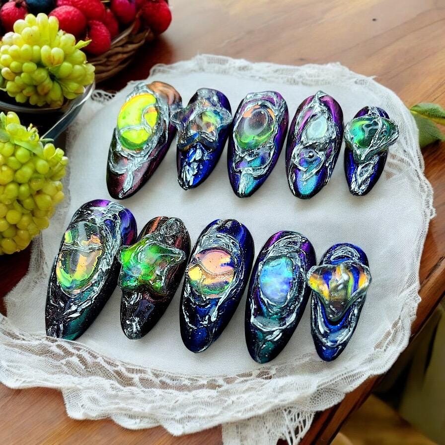Abstract 3D Nails with Stone Accents
