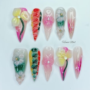 Luxus 3D Blume Presse auf den Nägeln - Lange Stiletto Fake Nails Set, Tropische Sommer Nail Art, Wiederverwendbarer Kleber auf den Nägeln