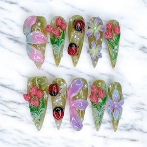 3D Floral Press On Nails | Hand-Painted Ladybug & Flower Nail Art | Spring Summer Fake Nails | Cute Nature Nails | Garden Nails