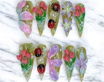 3D Floral Press On Nails | Hand-Painted Ladybug & Flower Nail Art | Spring Summer Fake Nails | Cute Nature Nails | Garden Nails