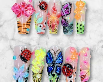Spring 3D Butterfly Flower Press On Nails – Ladybug Nature Nail Art, Handmade Colorful Fake Nails, Whimsical Garden Nail Set