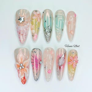 Colorful 3D Flower Press On Nails – Handmade Jelly Long Nails with Rhinestones, Metallic, Pastel Art – Unique Reusable Nail Set for Women