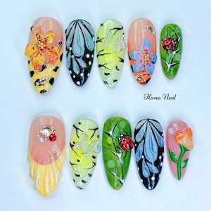 3D Floral Press On Almond Nails with Ladybug | Nature Inspired Handmade Summer Nails | Colorful Cute Fake Nails Set