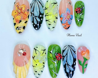 3D Floral Press On Almond Nails with Ladybug | Nature Inspired Handmade Summer Nails | Colorful Cute Fake Nails Set