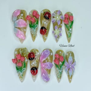 3D Floral Press On Nails | Hand-Painted Ladybug & Flower Nail Art | Spring Summer Fake Nails | Cute Nature Nails | Garden Nails