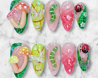 Spring 3D Fairy Garden Press On Nails – Mushroom Butterfly Ladybug Nature Nail Art, Handmade Fantasy Fake Nails, Whimsical Forest Nail Set