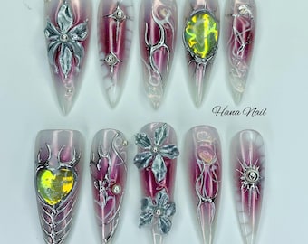 3D Lily Flower Chrome Nails with Neon Heart – Long Stiletto Press On Nails | Marble Pink Silver Sculpted Nails | Handmade Elegant Nail Art