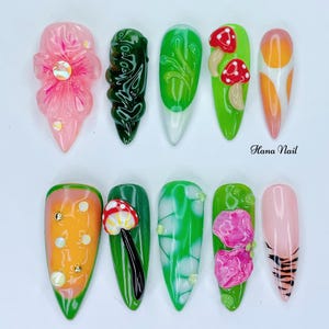 Ongles de fée champignon - 3D Nature Press sur les ongles - Nail Art Stiletto vert forêt - fleurs et champignons peints à la main - ensemble d&#39;ongles Cottagecore