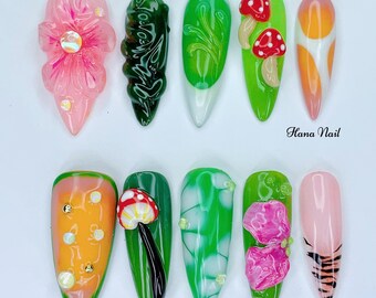 Mushroom Fairy Nails - 3D Nature Press On Nails - Stiletto Green Forest Nail Art - Hand Painted Flowers & Mushrooms - Cottagecore Nail Set