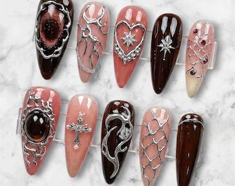 Gothic Heart Press On Nails | Dark Brown Chrome Nails | Cross & Gem Stiletto Nails | Coquette Gothic Fake Nails | Handmade Luxury Nail Set