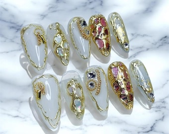 Luxury White Gold Press On Nails | Gold Chrome 3D Nail Art | Pearl & Crystal Nails | Handmade Bridal Nails | Almond Shape
