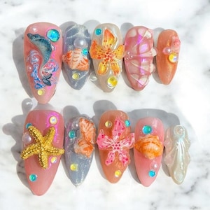 Ocean Theme 3D Nail Set - Sea Creature Nails, Starfish, Jellyfish, Mermaid Shell Nails, Beach Press On Nails, Under the Sea Nail Art