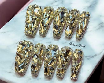 Tea Gold Rhinestone Press On Nails | Full Crystal 10 Fingers Nail Set | Luxury Champagne Gold Bling Nails | Handmade Glamorous False Nails