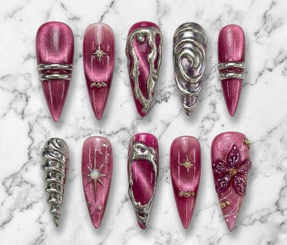 Pink Chrome Press On Nails, 3D Flower Nails, Silver Metallic Nails, Y2K Glam Press Ons, Stiletto Nails, Handmade Reusable Nails