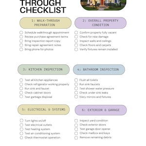 May include: A checklist titled "FINAL WALK-THROUGH CHECKLIST" with sections for preparation, property condition, kitchen, bathroom, electrical systems, and exterior/garage. Each section lists specific tasks with checkboxes, such as checking appliances, inspecting walls, and testing systems.
