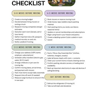 Op de afbeelding: Een verhuischecklist met een afbeelding van een huis bovenaan. De checklist is verdeeld in secties: 6-8 weken, 4-5 weken, 2-3 weken, 1 week en de dag voor de verhuizing. Elke sectie bevat taken zoals het maken van een budget, inpakken en adressen wijzigen.