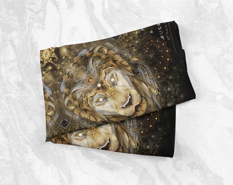 Lion Art Scarf | Large Brass Lion Printed Designer Shawl | Psychedelic Cat Lady Cat Print Mandala Wrap | Designed & Made in Canada
