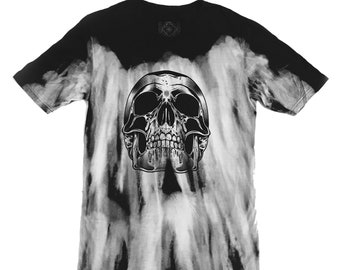 Distressed Skull T-Shirt | Visionary Art Clothes | Handmade Tie Dye Acid Wash | Halloween Biker Black Gothic Dark | Gifts for Men Skeleton