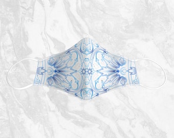 Face Mask | Blue & White | Geometric Art Printed Washable Fashion Cloth Mask | One Size Double Layer | Designer Face Mask | Made in Canada